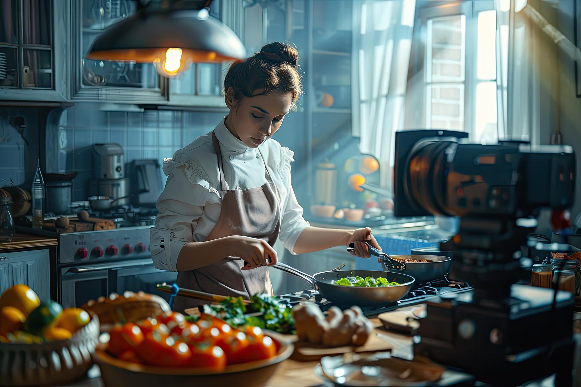 Chef che filma una lezione di cucina dal vivo
